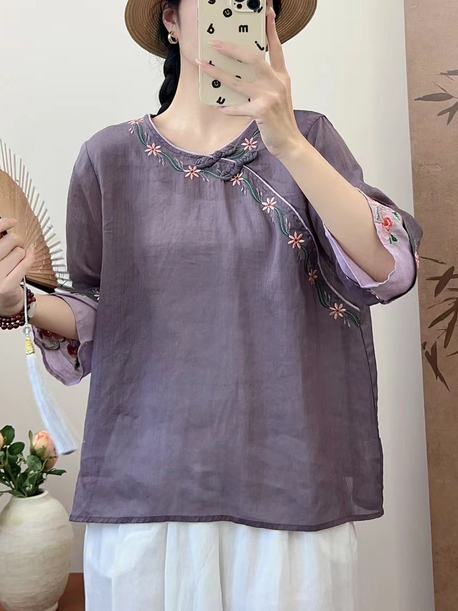 Women Summer Ethnic Embroidery Ramie Shirt QW1033