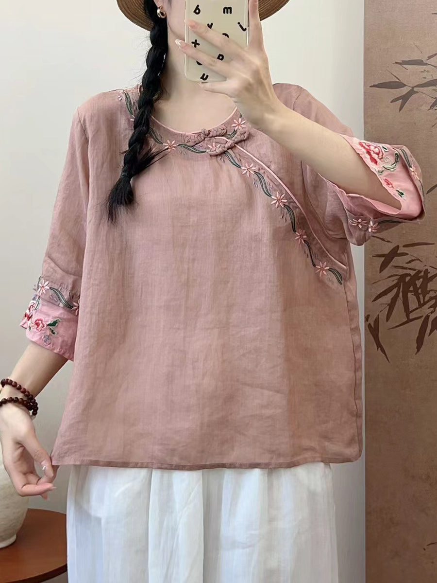 Women Summer Ethnic Embroidery Ramie Shirt QW1033