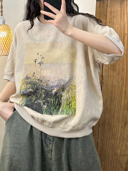 Women Summer Casual Spliced Linen Loose Shirt QW1041