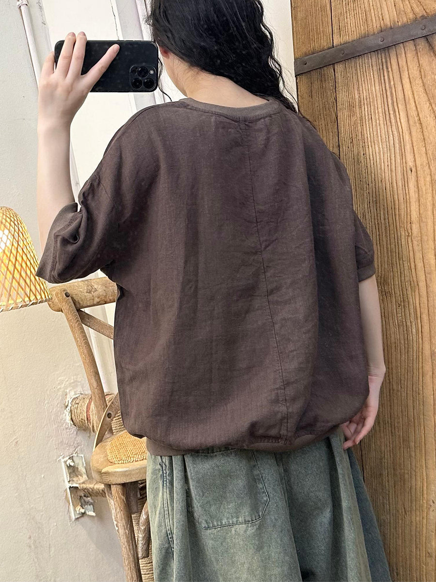 Women Summer Casual Spliced Linen Loose Shirt QW1041