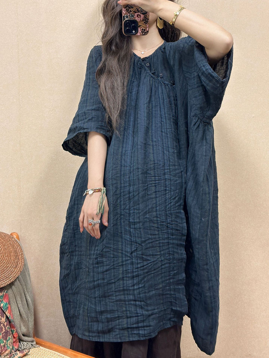 Women Retro Summer Stripe Linen Loose Dress QW1001