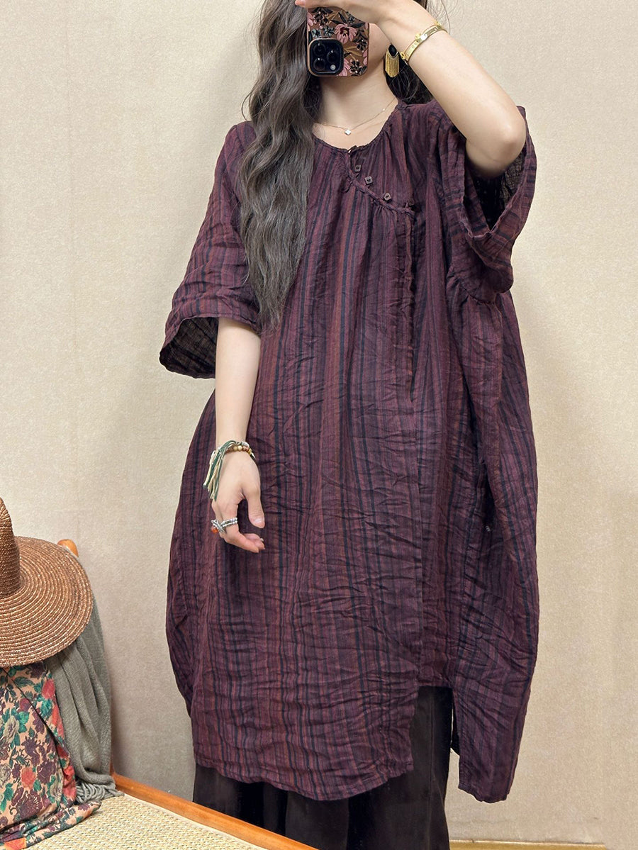 Women Retro Summer Stripe Linen Loose Dress QW1001