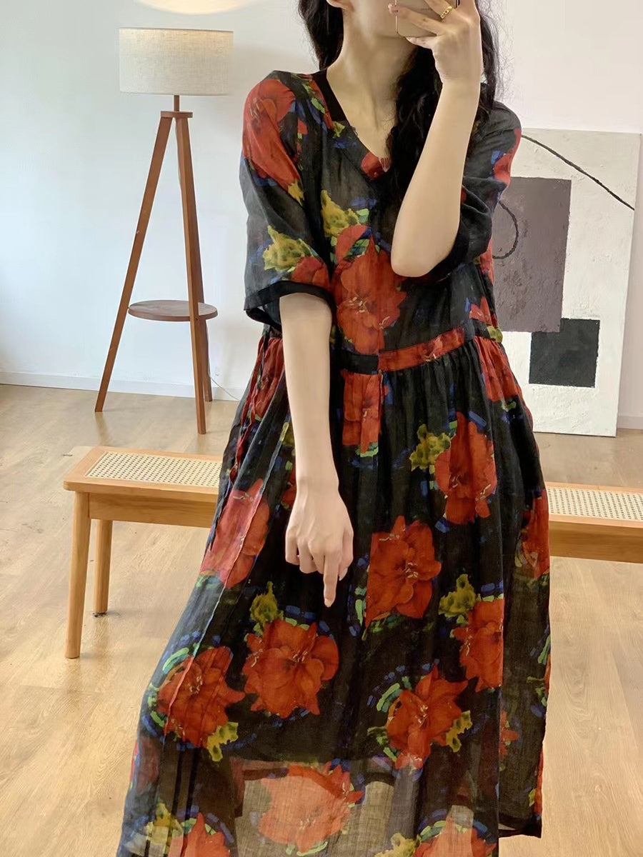 Women Summer Artsy Floral V-Neck Linen Dress QW1023