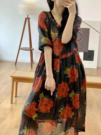 Robe d'été en lin à col en V et motif floral pour femme QW1023