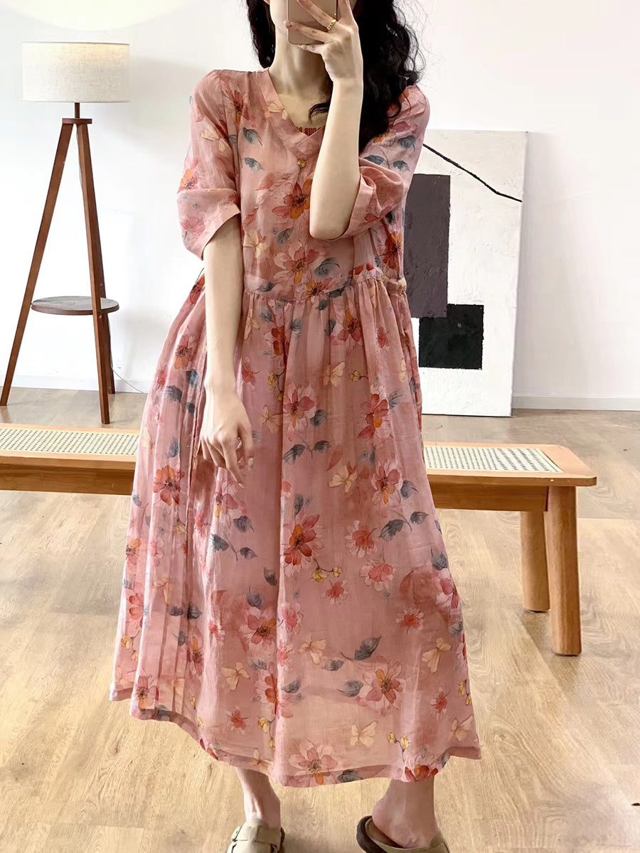 Women Summer Artsy Floral V-Neck Linen Dress QW1023