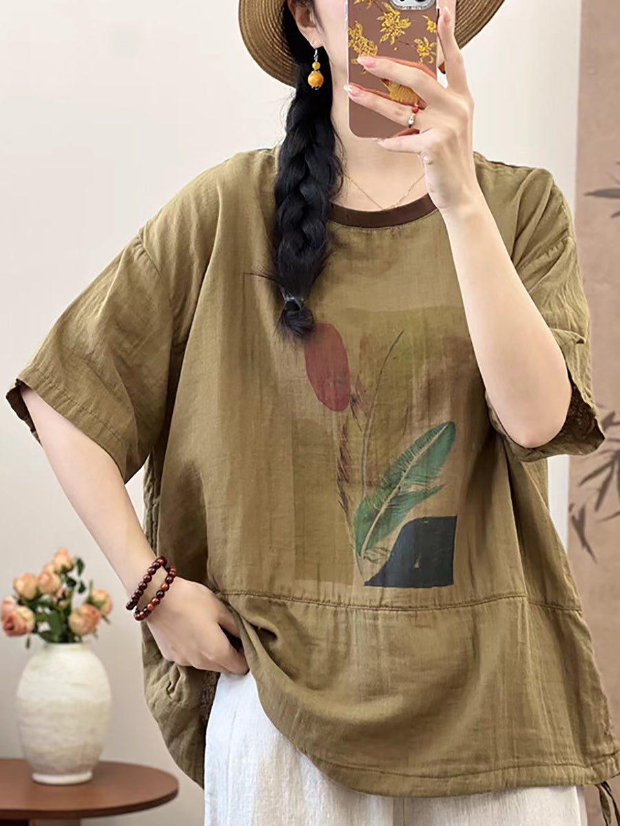 Women Summer Cotton Summer Feather Print Shirt QW1010