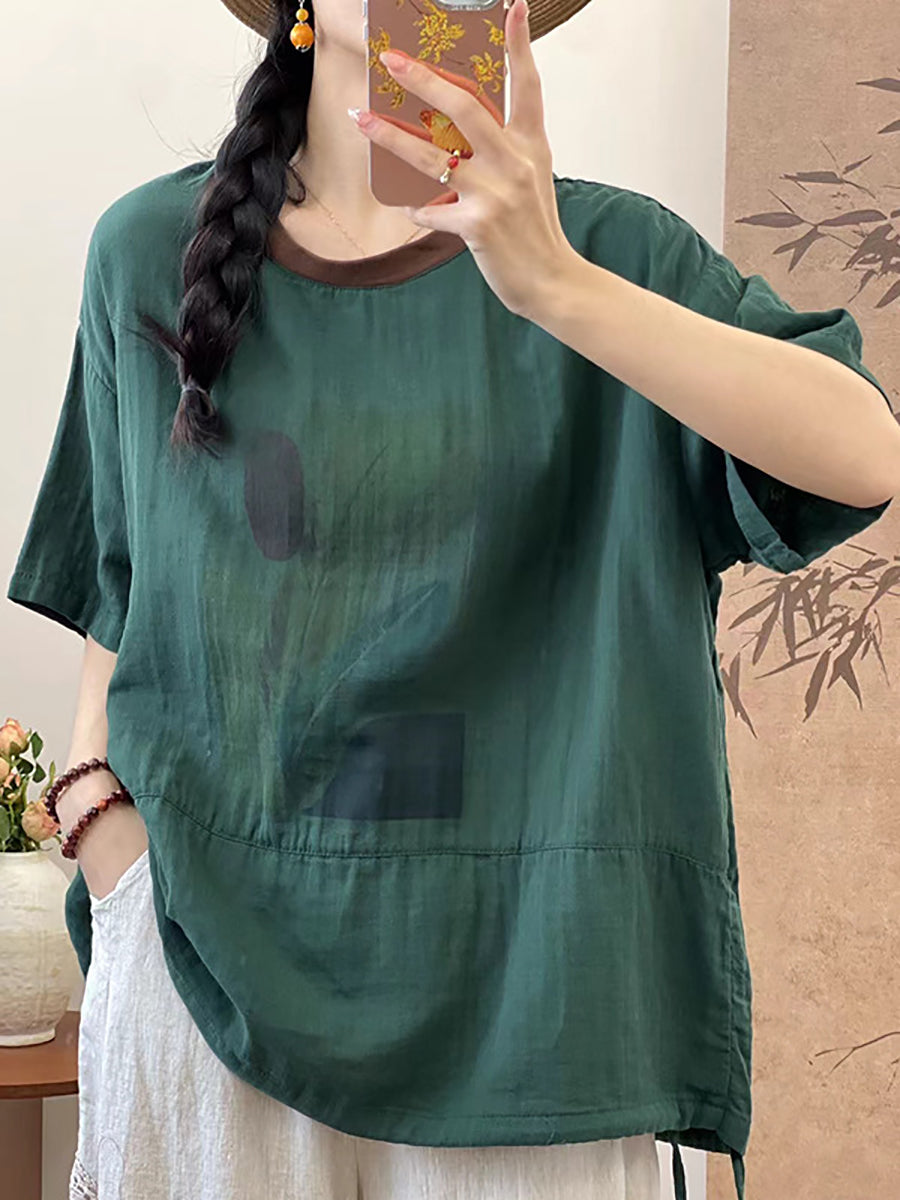 Women Summer Cotton Summer Feather Print Shirt QW1010