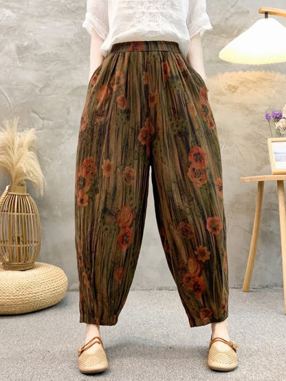 Pantalon sarouel rétro d'été en lin à fleurs pour femmes QW1011