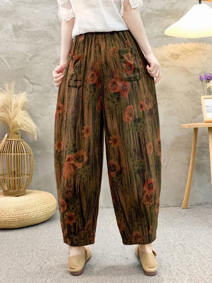 Pantalon sarouel rétro d'été en lin à fleurs pour femmes QW1011