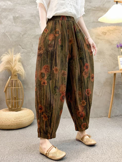 Pantalon sarouel rétro d'été en lin à fleurs pour femmes QW1011