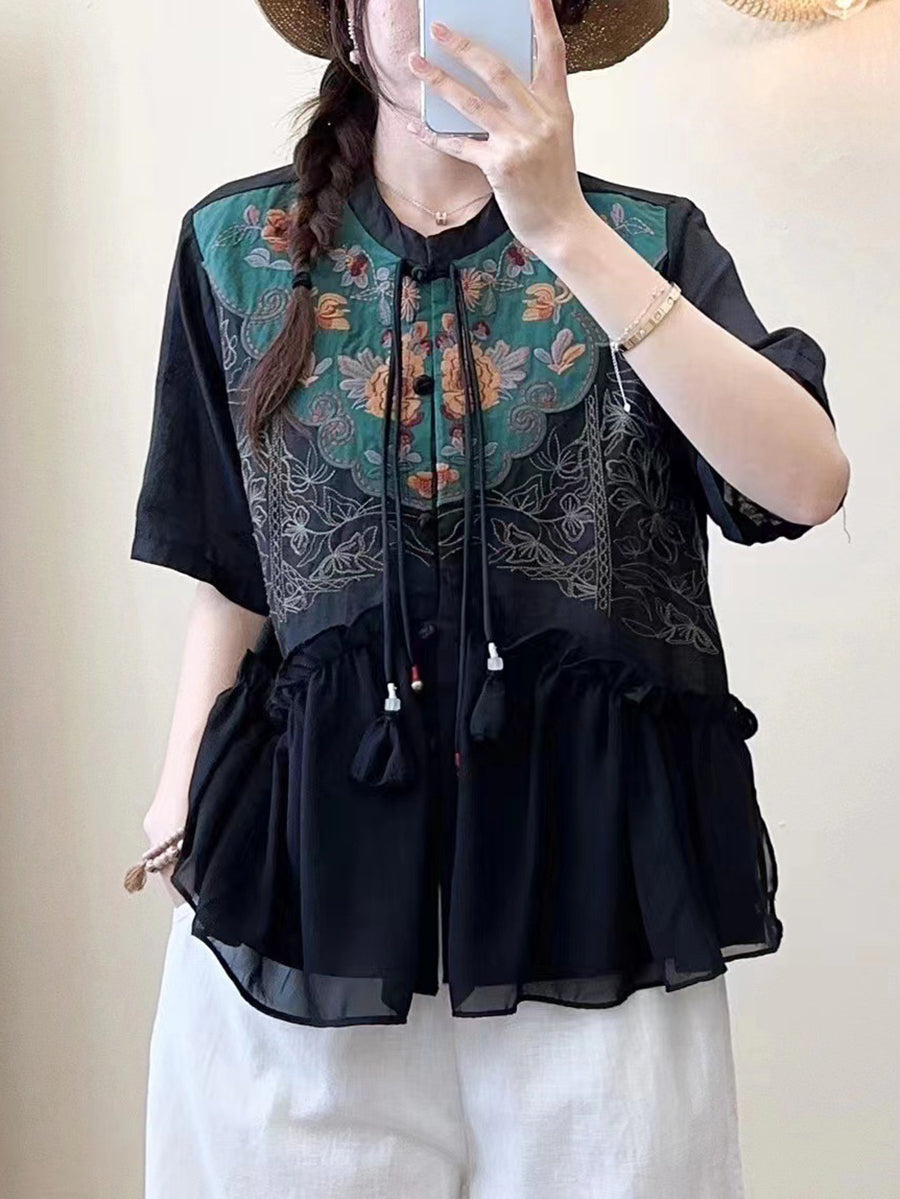 Women Summer Ethnic Embroidery Jacquard Shirt QW1012