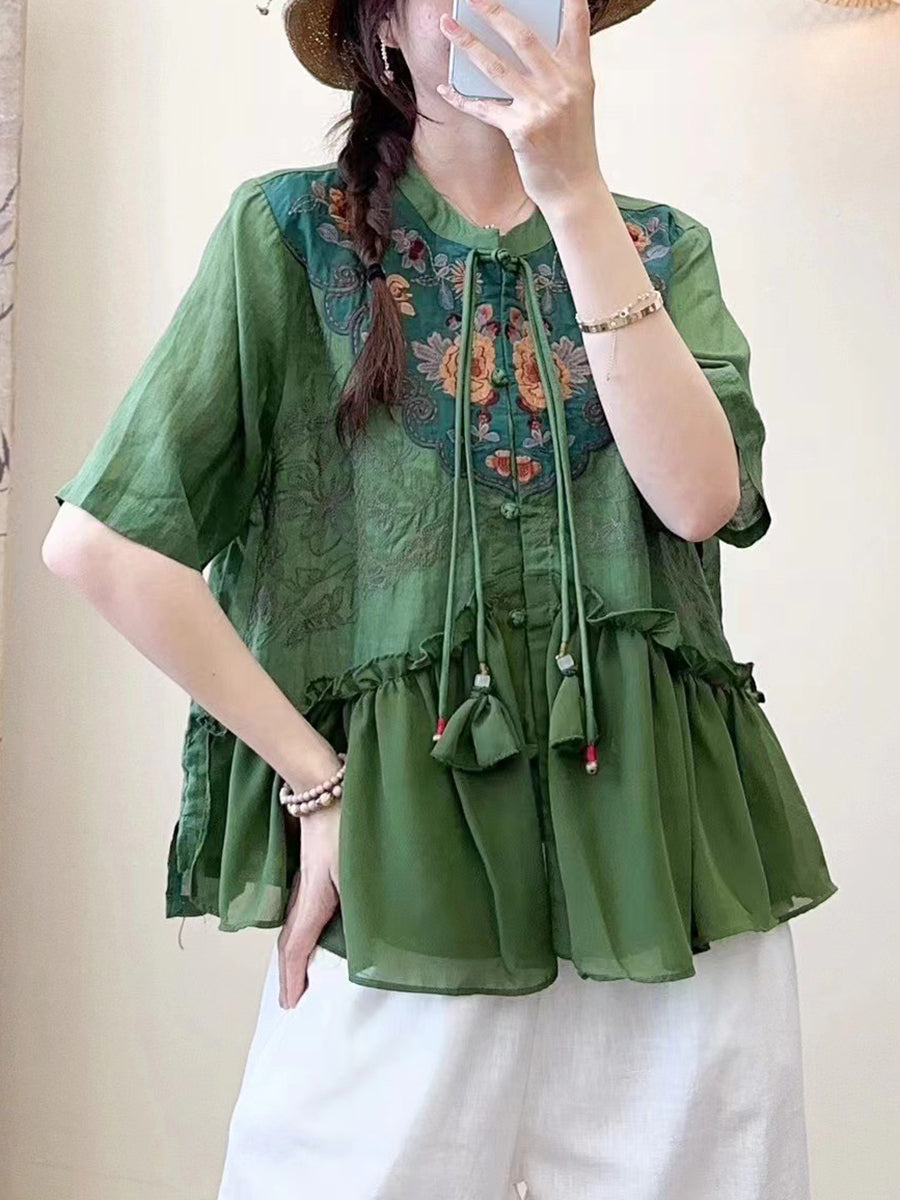 Women Summer Ethnic Embroidery Jacquard Shirt QW1012