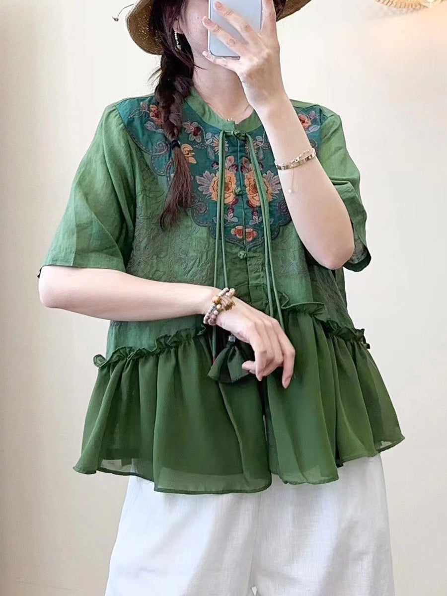 Women Summer Ethnic Embroidery Jacquard Shirt QW1012