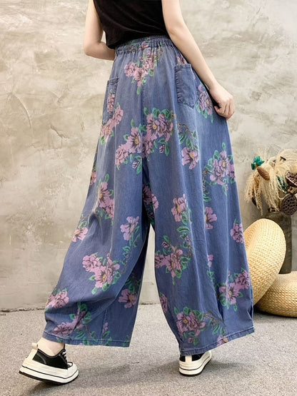 Pantalon large en denim à fleurs décontracté d'été pour femmes QW1013