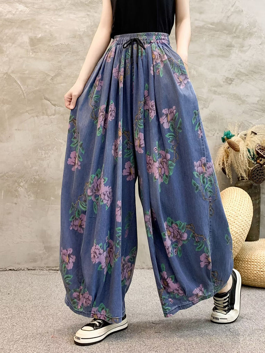 Damen Sommer Casual Blumen Denim Weites Bein Hose QW1013