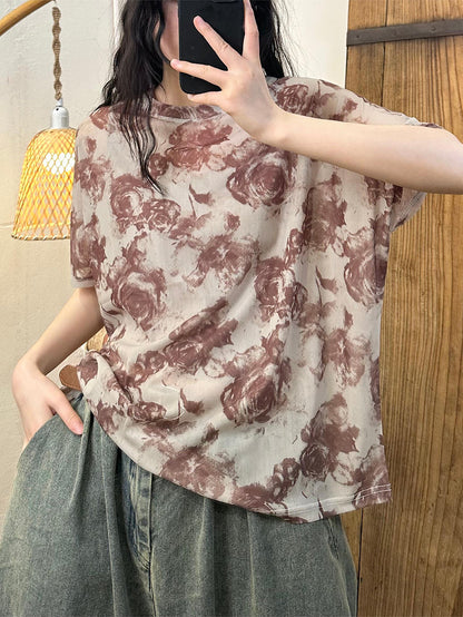 Pull-over d'été à imprimé floral artistique pour femme QW1017