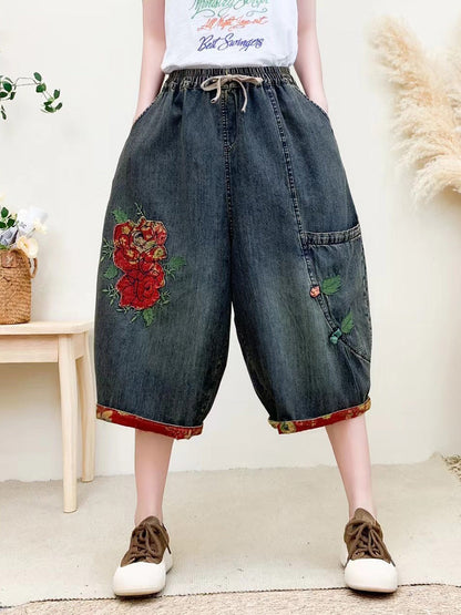 Pantalon en denim brodé de fleurs vintage pour femme QW1024