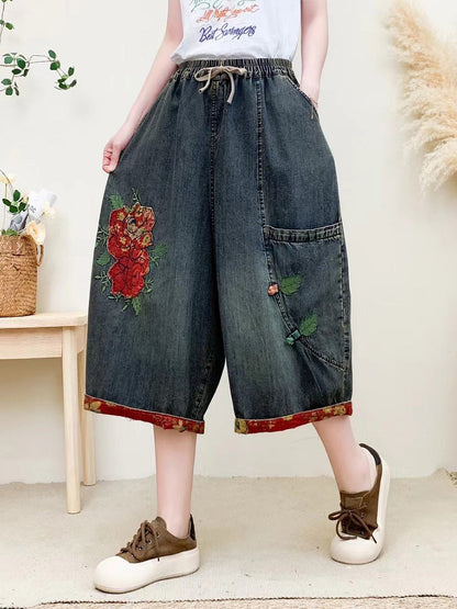 Pantalon en denim brodé de fleurs vintage pour femme QW1024