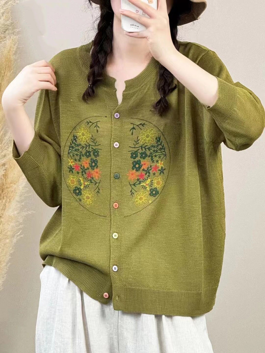 Women Spring Floral Embroidery Button-up Shirt QW1025