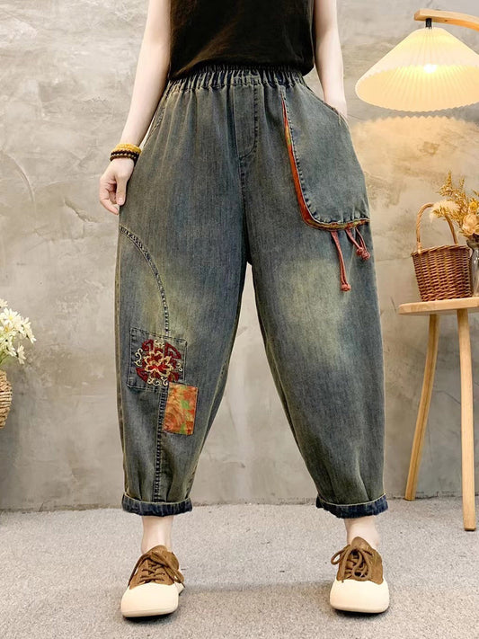 Damen Haremshose aus Denim mit Retro-Patch-Stickerei QW1026