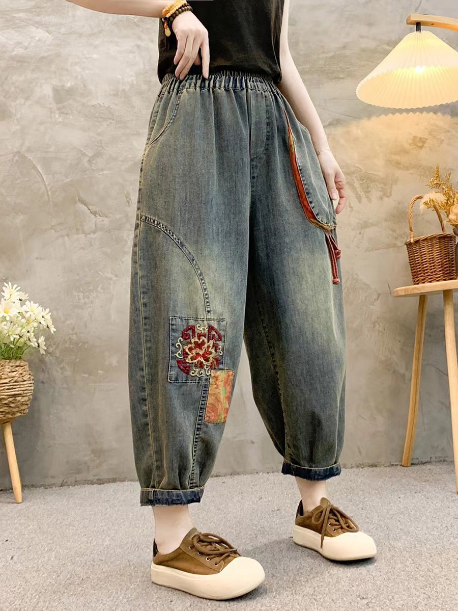 Damen Haremshose aus Denim mit Retro-Patch-Stickerei QW1026