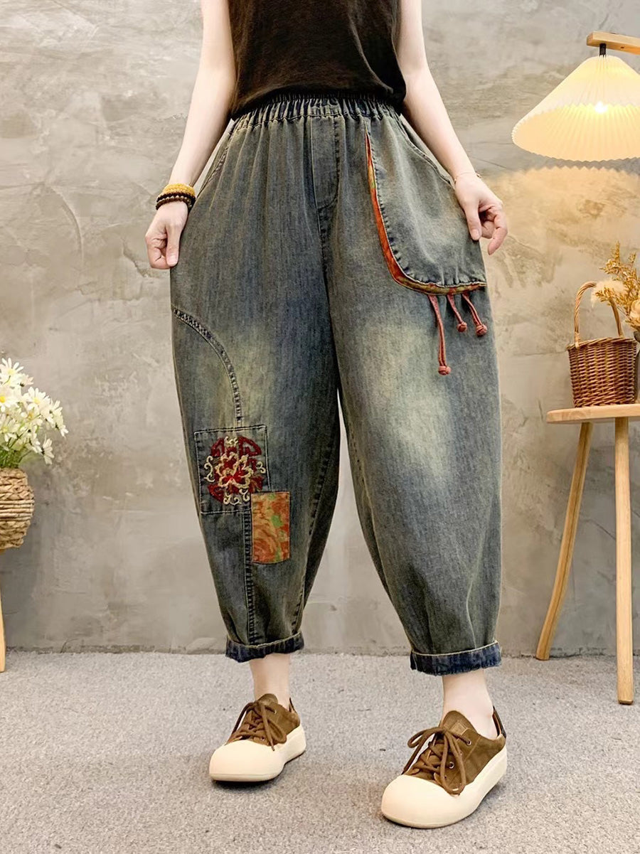 Damen Haremshose aus Denim mit Retro-Patch-Stickerei QW1026