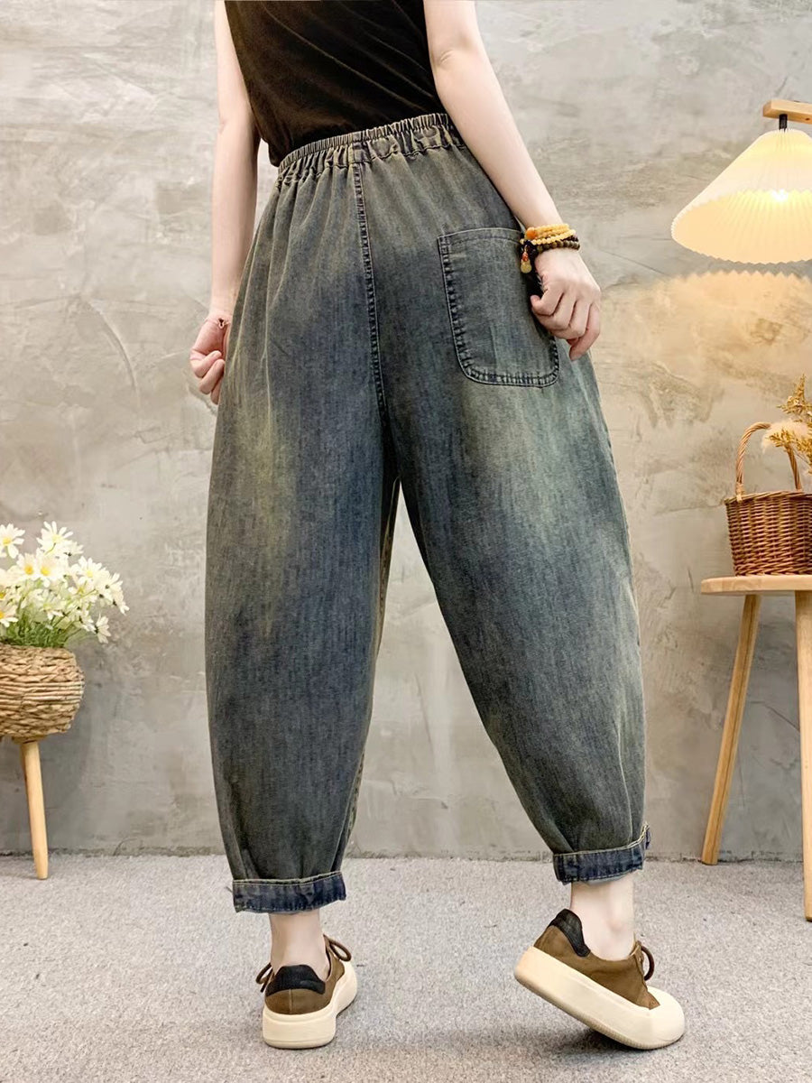 Damen Haremshose aus Denim mit Retro-Patch-Stickerei QW1026