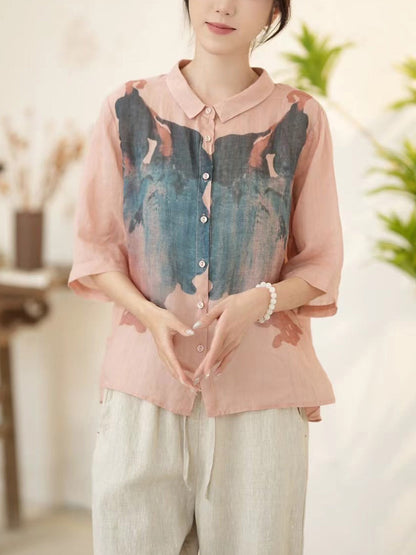 Chemise boutonnée d'été artistique en ramie rose pour femme WE1011