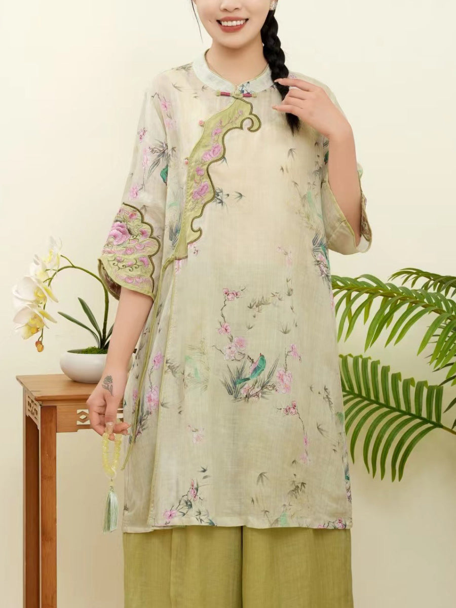 Women Summer Floral Ethnic Embroidery Ramie Shirt WE1015