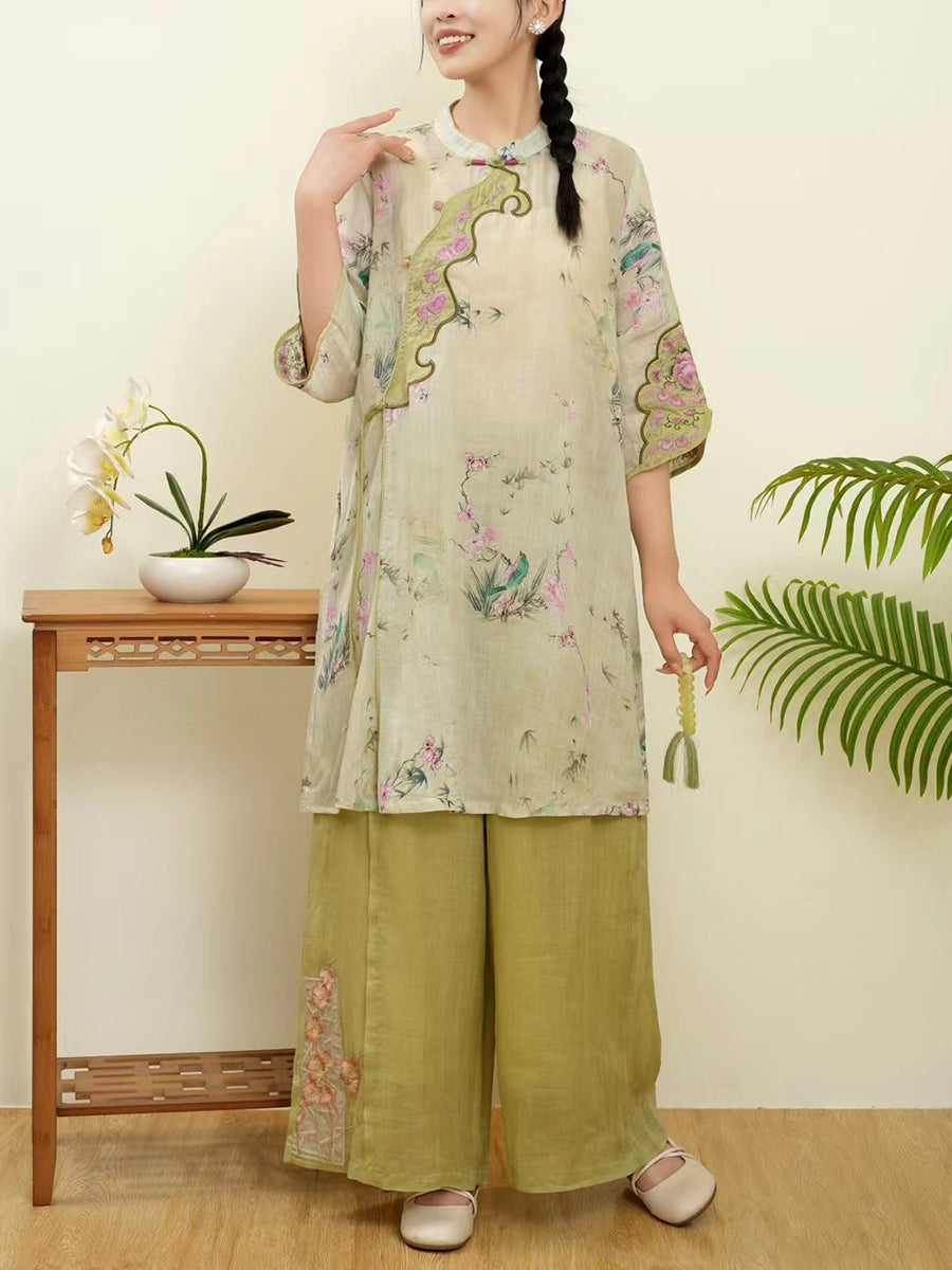 Women Summer Floral Ethnic Embroidery Ramie Shirt WE1015