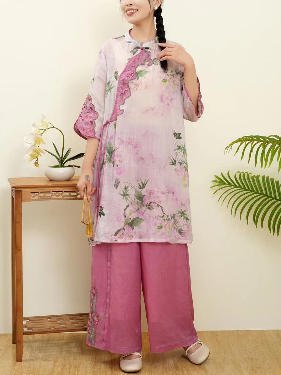 Women Summer Floral Ethnic Embroidery Ramie Shirt WE1015