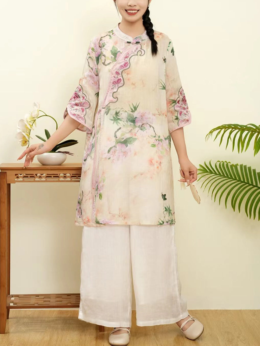 Women Summer Floral Ethnic Embroidery Ramie Shirt WE1015