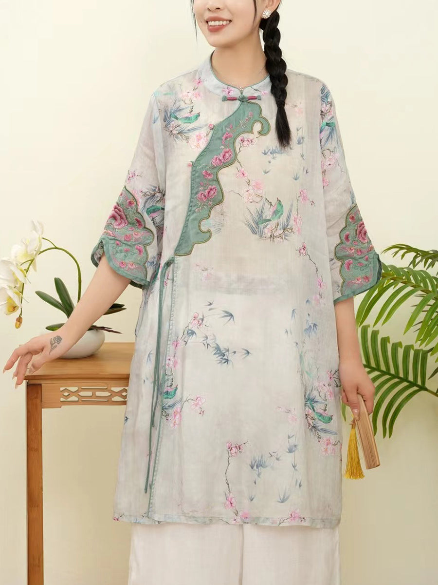 Women Summer Floral Ethnic Embroidery Ramie Shirt WE1015