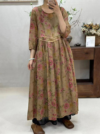 Robe d'été rétro en ramie épissée à fleurs pour femmes WE1016