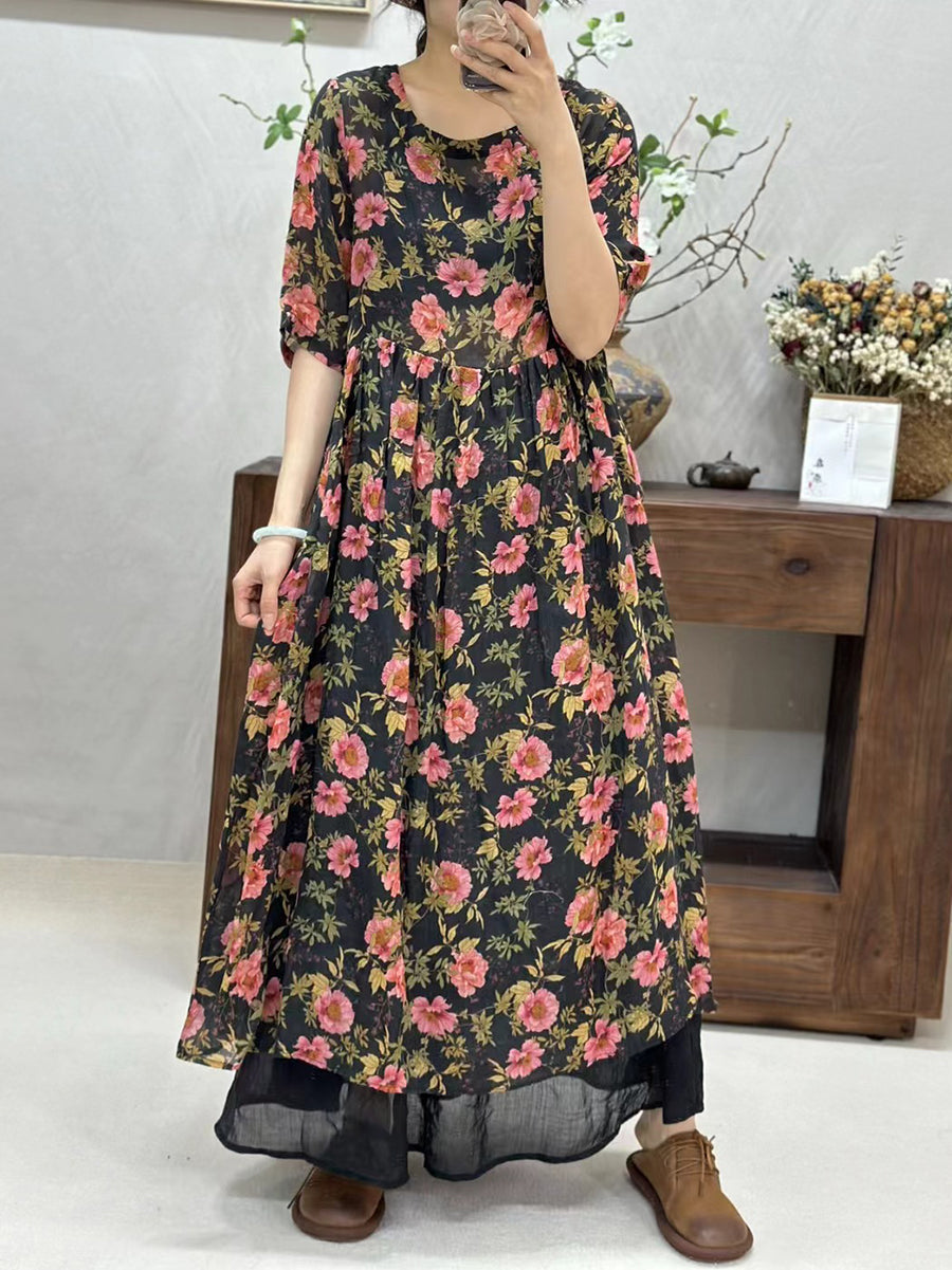 Women Summer Artsy Flower Spliced O-Neck Ramie Dress WE1017