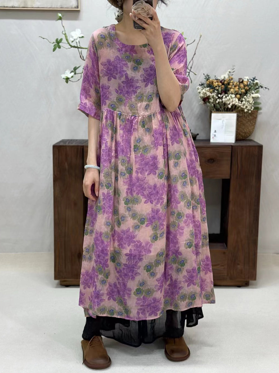 Women Summer Artsy Flower Spliced O-Neck Ramie Dress WE1017