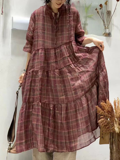 Robe d'été vintage à carreaux et bretelles épissées en ramie pour femmes WE1023