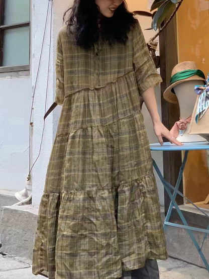 Robe d'été vintage à carreaux et bretelles épissées en ramie pour femmes WE1023