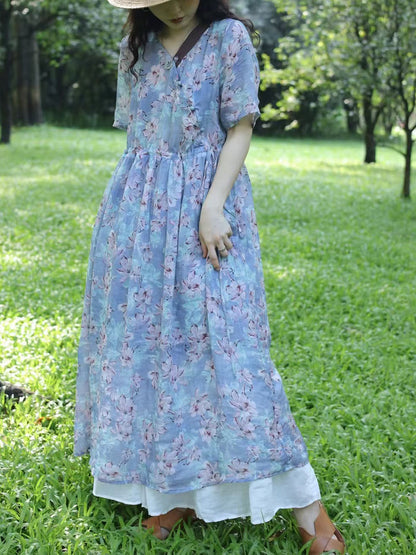 Robe d'été vintage à bretelles en ramie avec épissure de fleurs pour femmes WE1024