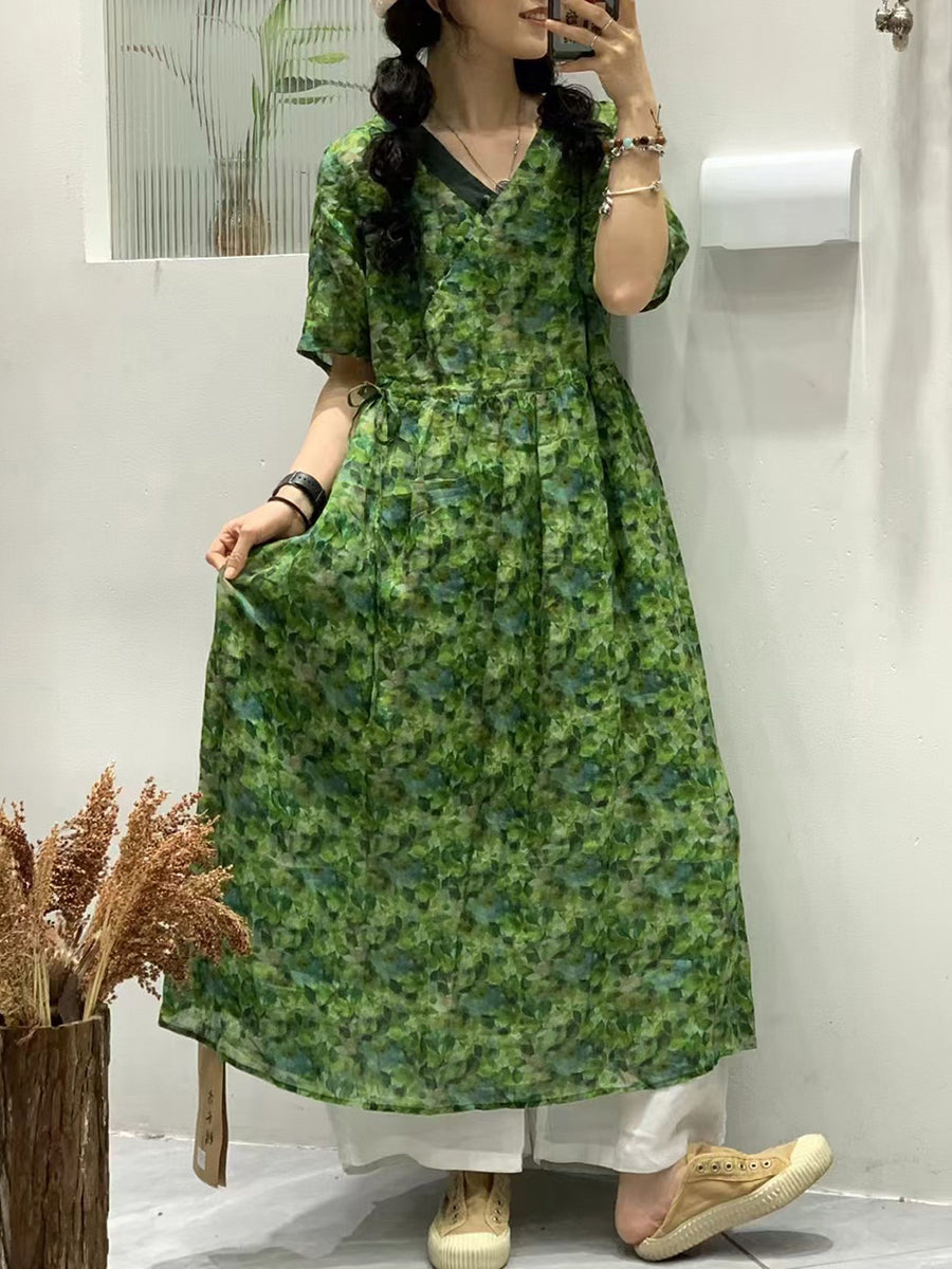 Women Summer Vintage Flower Spliced Ramie Strap Dress WE1024