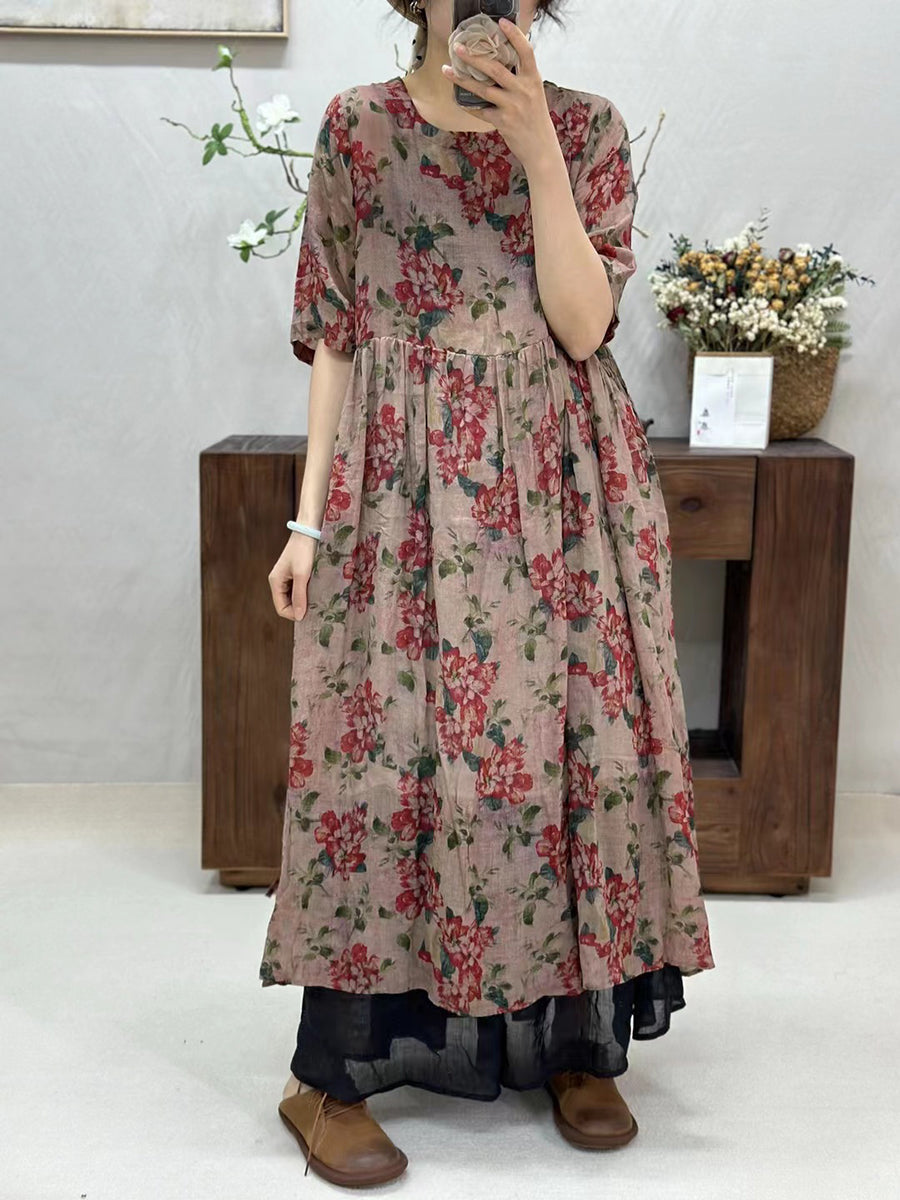 Women Summer Artsy Floral Loose Ramie Dress TY1034