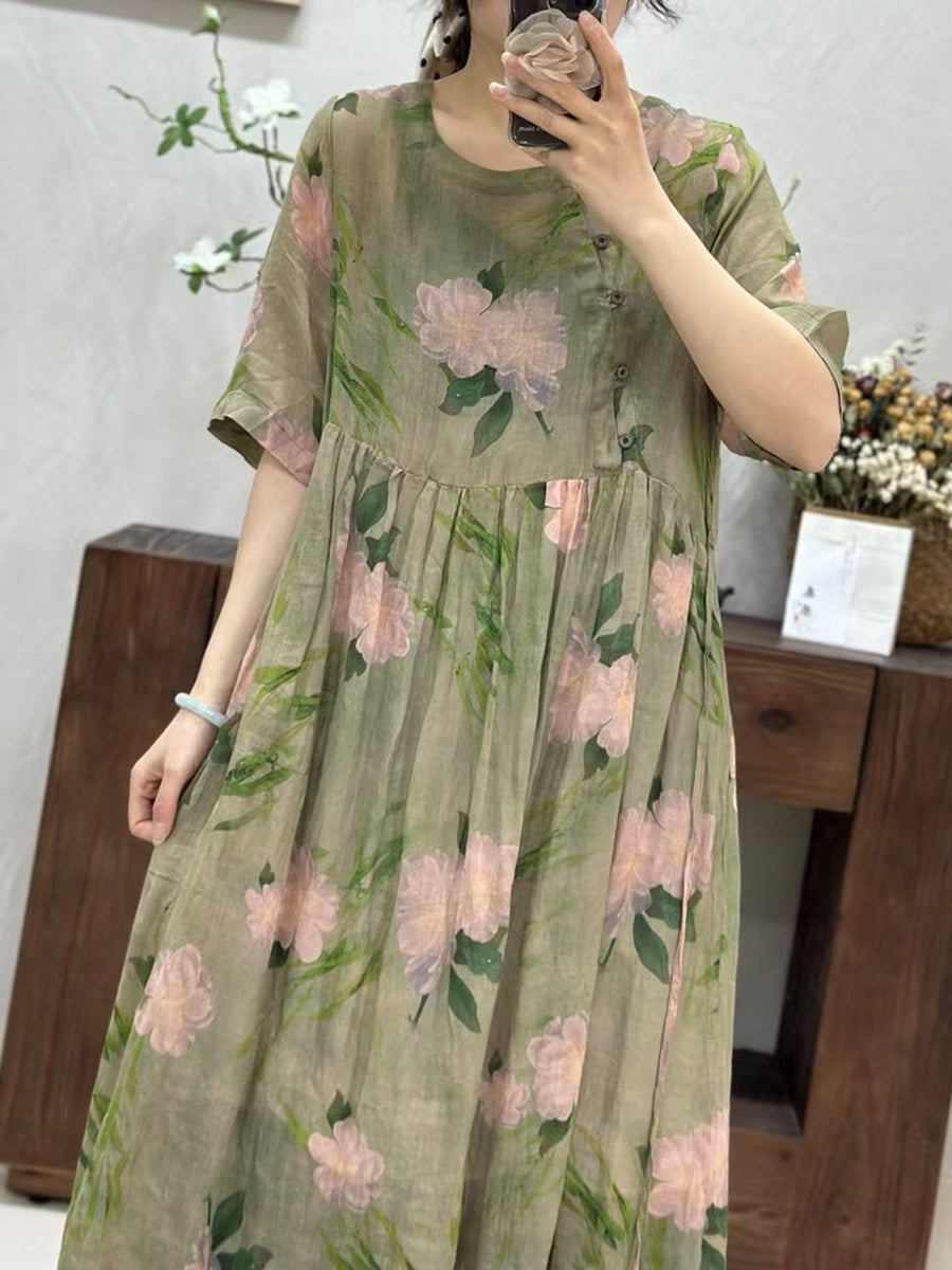 Women Summer Artsy Floral Loose Ramie Dress TY1034