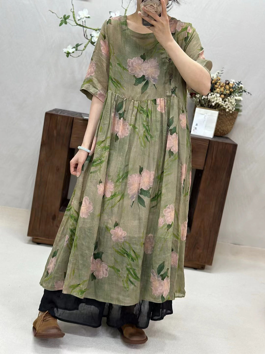 Women Summer Artsy Floral Loose Ramie Dress TY1034