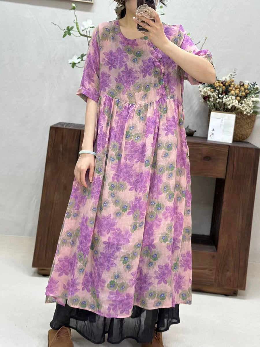 Women Summer Artsy Floral Loose Ramie Dress TY1034