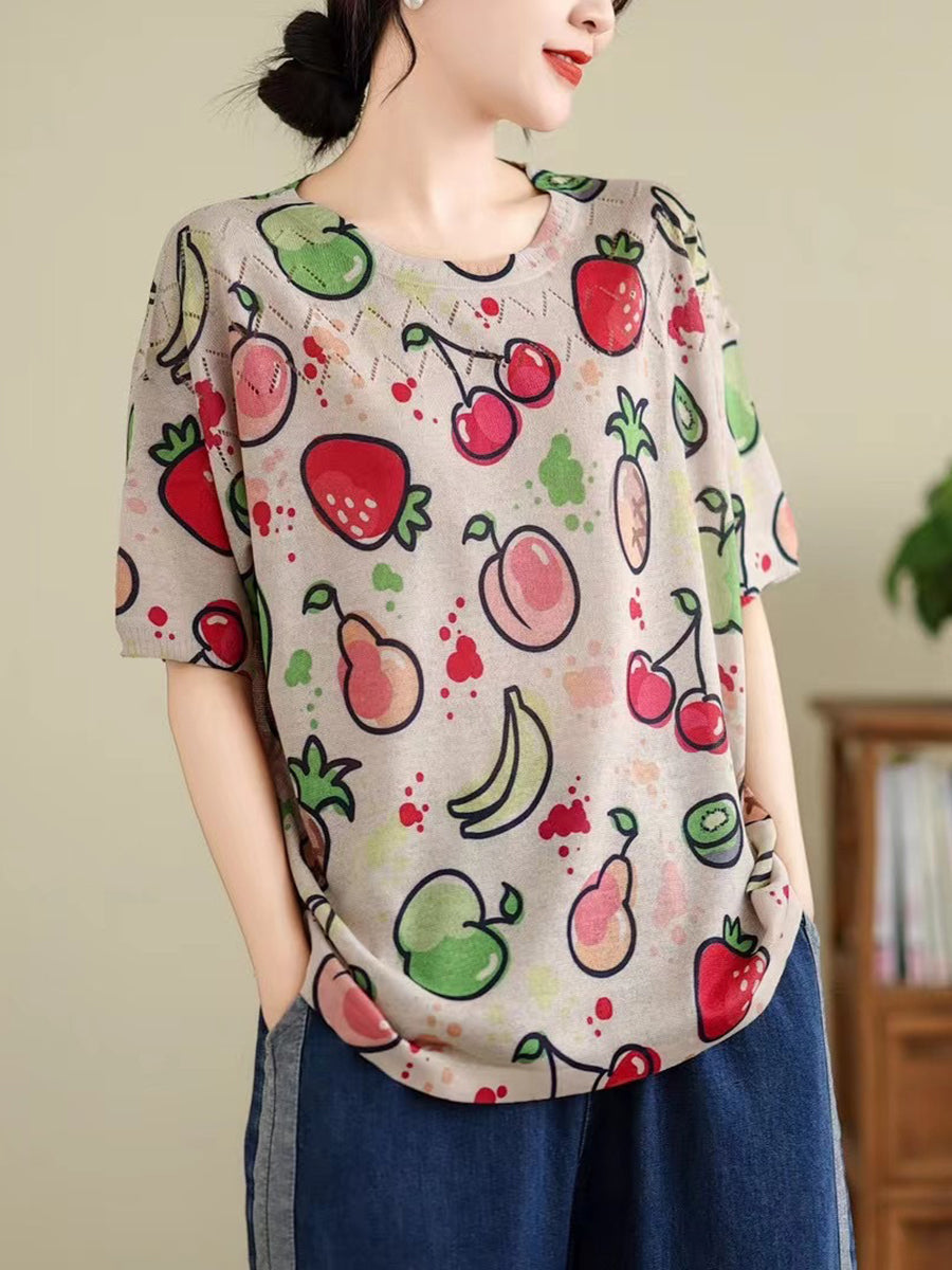 Women Summer Vintage Print Cutout O-Neck Shirt TY1047