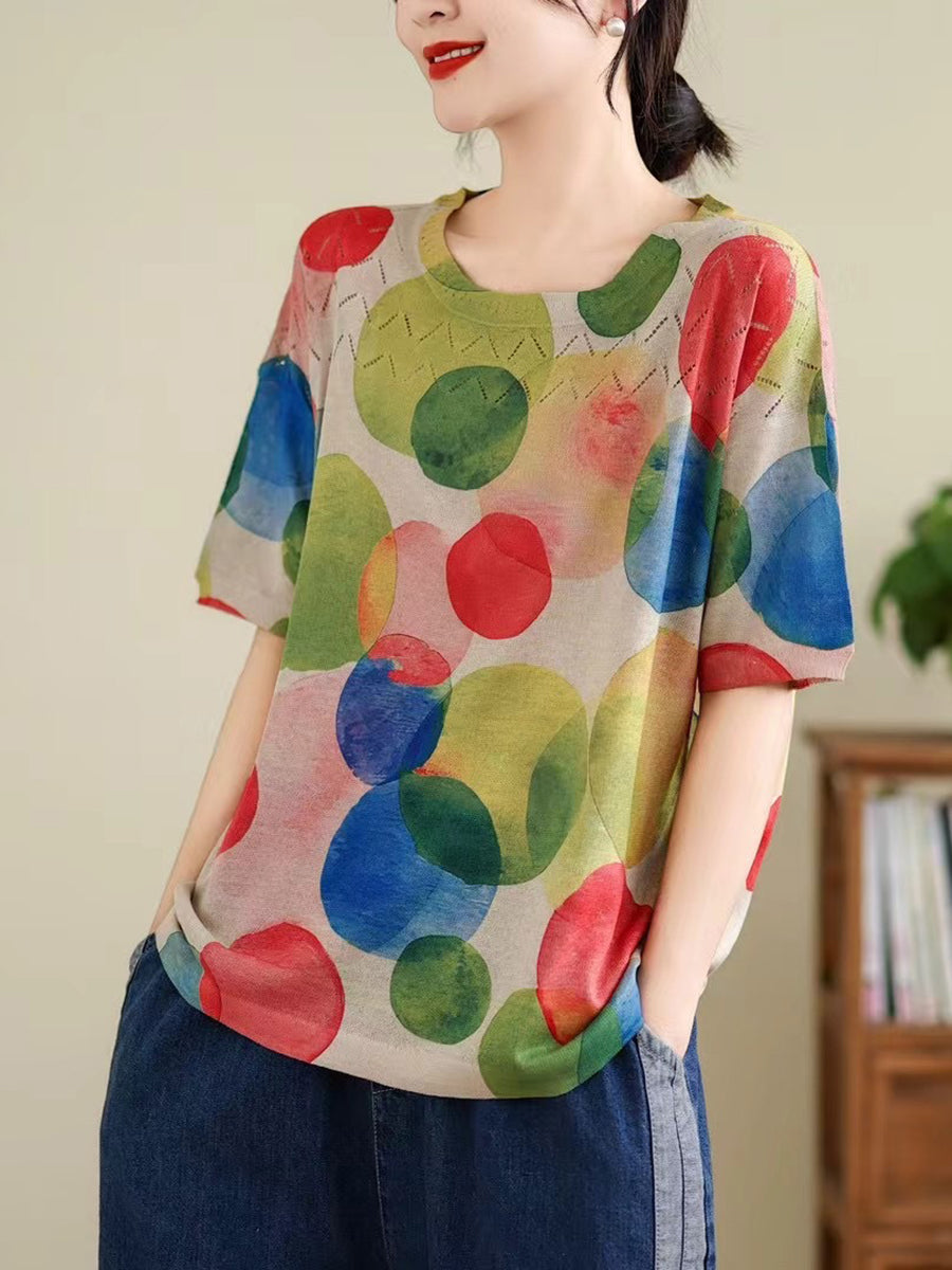 Women Summer Vintage Print Cutout O-Neck Shirt TY1047