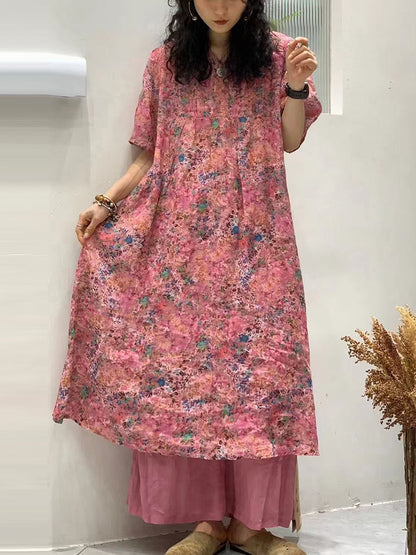 Robe d'été vintage à fleurs en ramie froncée pour femme TY1041