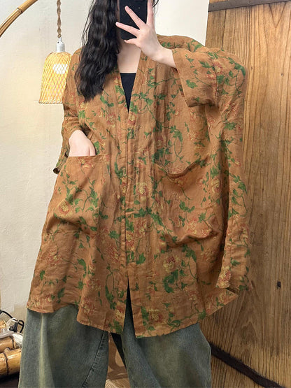 Manteau chemise ample en ramie à fleurs vintage pour femmes TY1012