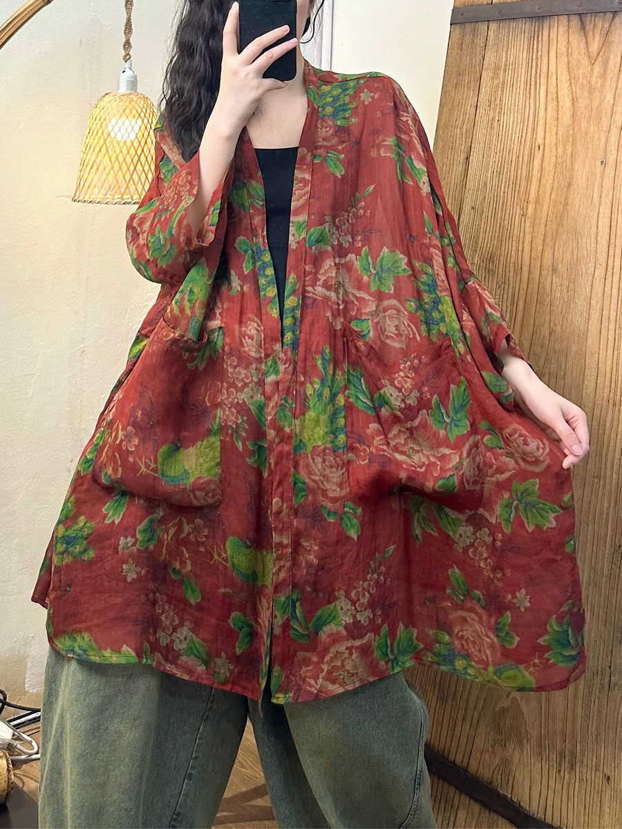 Women Summer Vintage Flower Loose Ramie Shirt Coat TY1012
