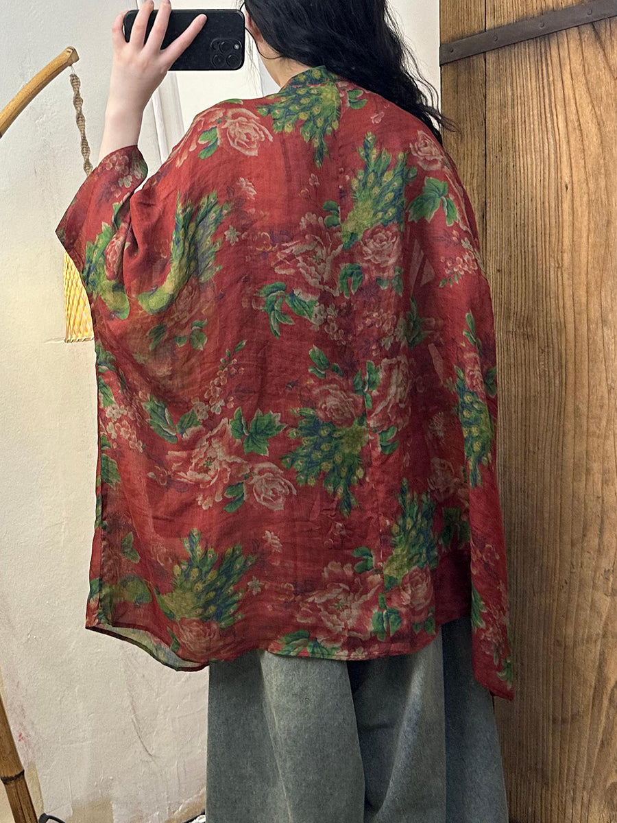 Women Summer Vintage Flower Loose Ramie Shirt Coat TY1012